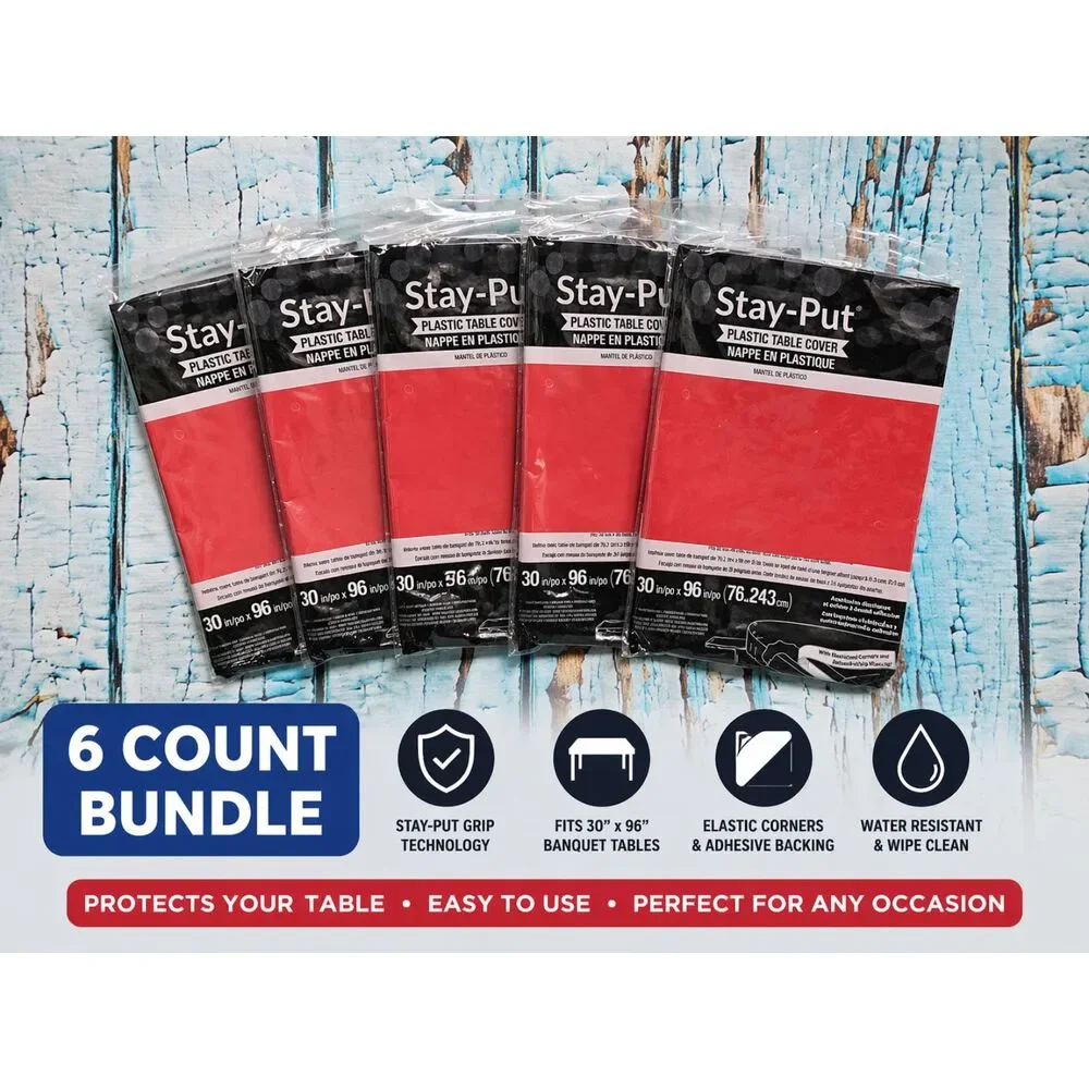 6 Pack Stay Put Plastic Table Covers 30x96 Red Elastic Fitted Banquet NEW